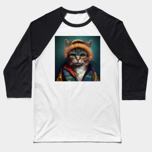 Cat wearing colorful jacket, hat and glasses Baseball T-Shirt